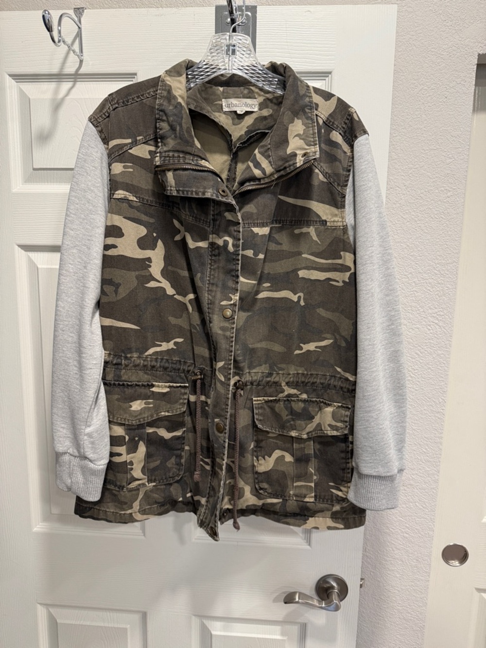 Urbanology Camo Utility Jacket with Gray Sweatshirt Sleeves